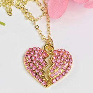 Pink Crystal Pave Broken Heart Necklace